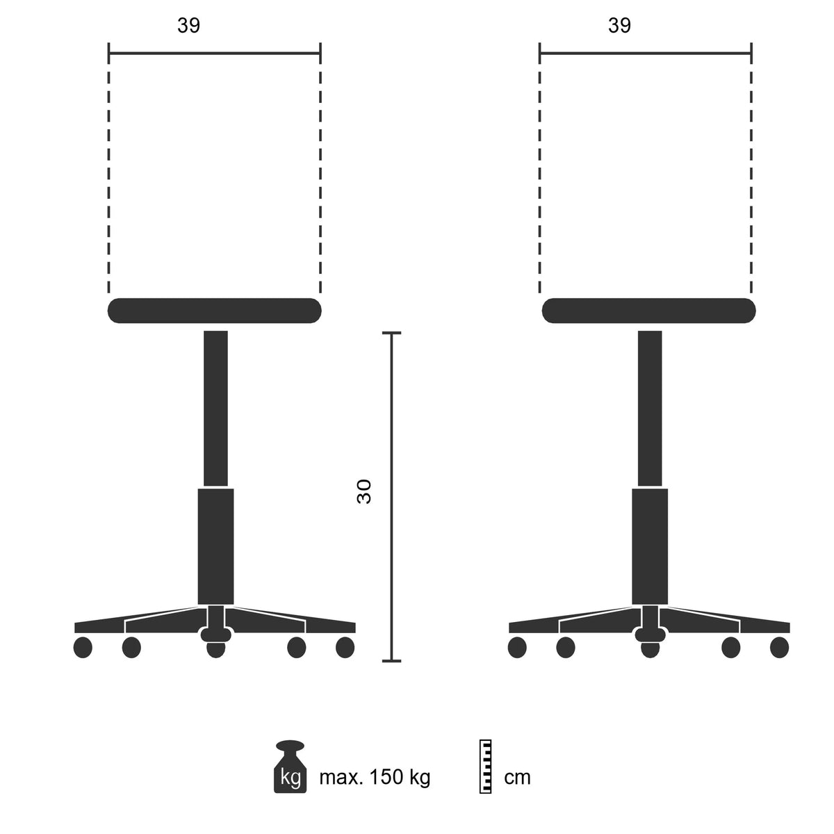 Technische tekening van het Opstapkrukje TIO-S met een breedte van 39 cm van hjh OFFICE