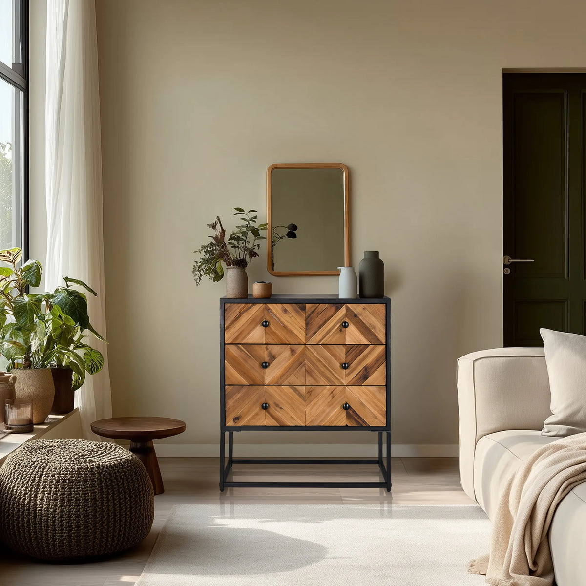 Dressoir SANTJAGO BLACK SUN L met drie laden in donkere houtkleuren en zwart metalen frame van hjh LIVING