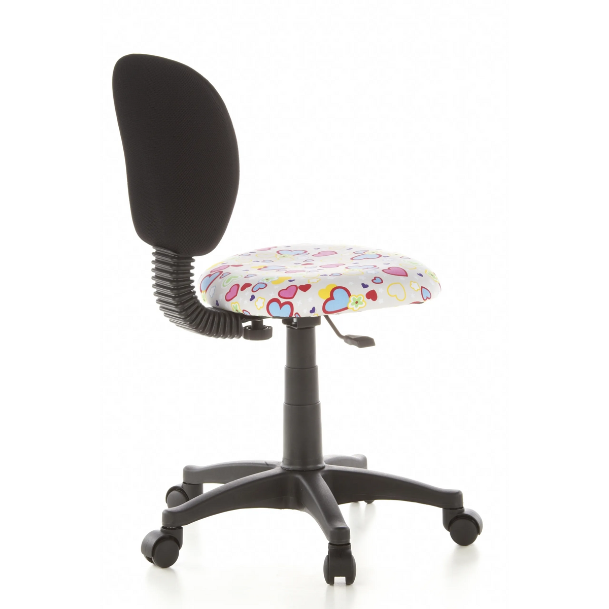 Kinder bureaustoel KIDDY TOP met kleurrijk hart- en bloemenpatroon en vijfpoot met zwenkwielen van hjh OFFICE – 360-gradenweergave (schuin achteraanzicht 120°)