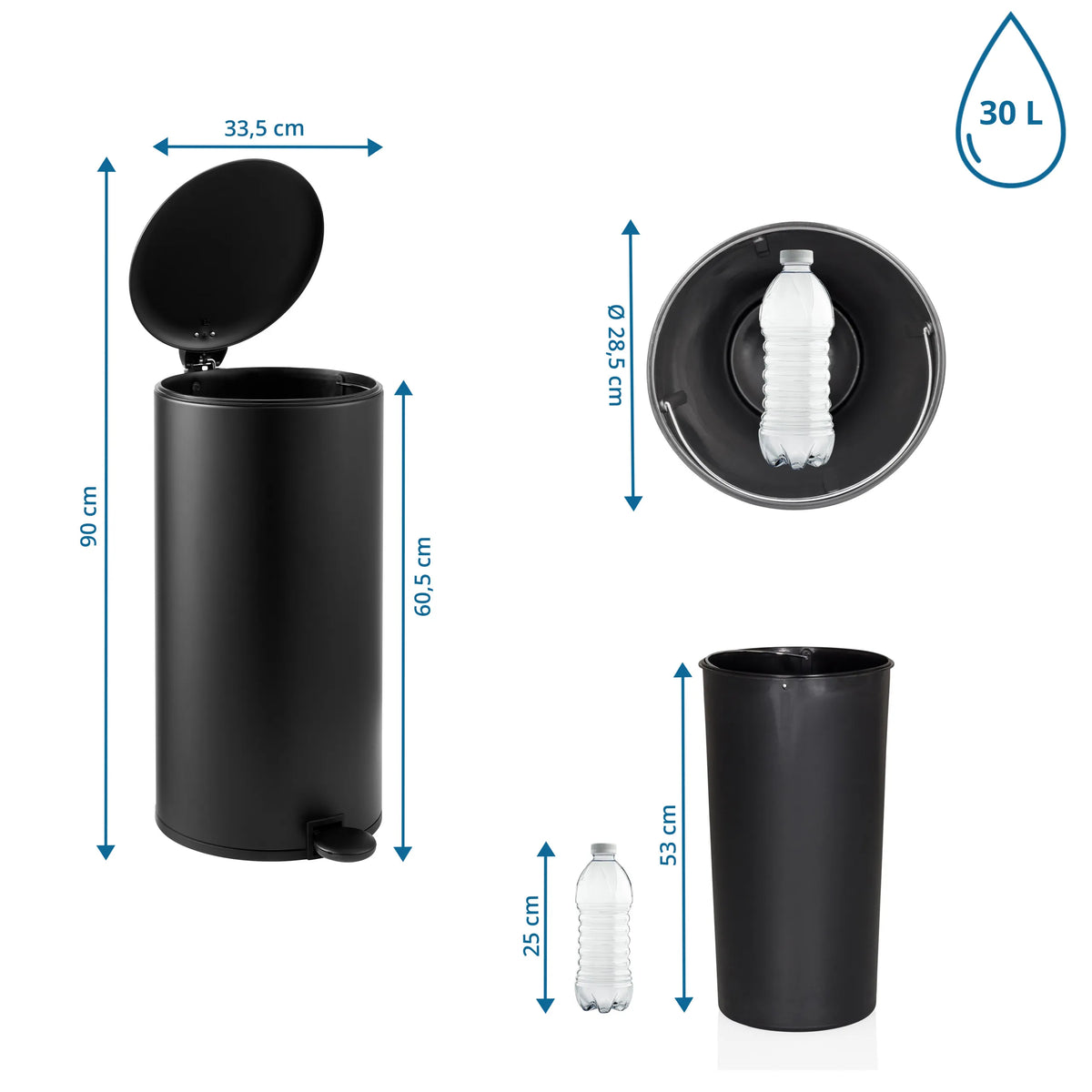 Maattekening van de CLEAN STEP 2 prullenbak met 90 cm hoogte en 30 L volume van hjh OFFICE