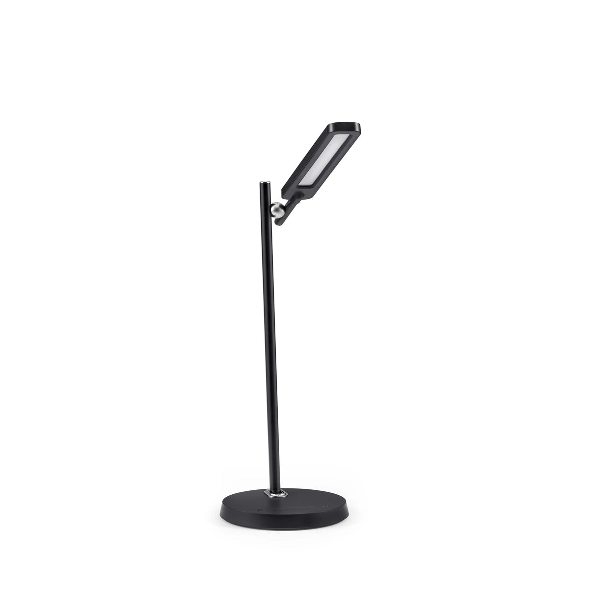 Schwarze Schreibtischlampe Lumanova D2 mit rundem Standfuß und verstellbarem Leuchtkopf von hjh OFFICE – 360-Grad-Ansicht (Frontansicht 15°)