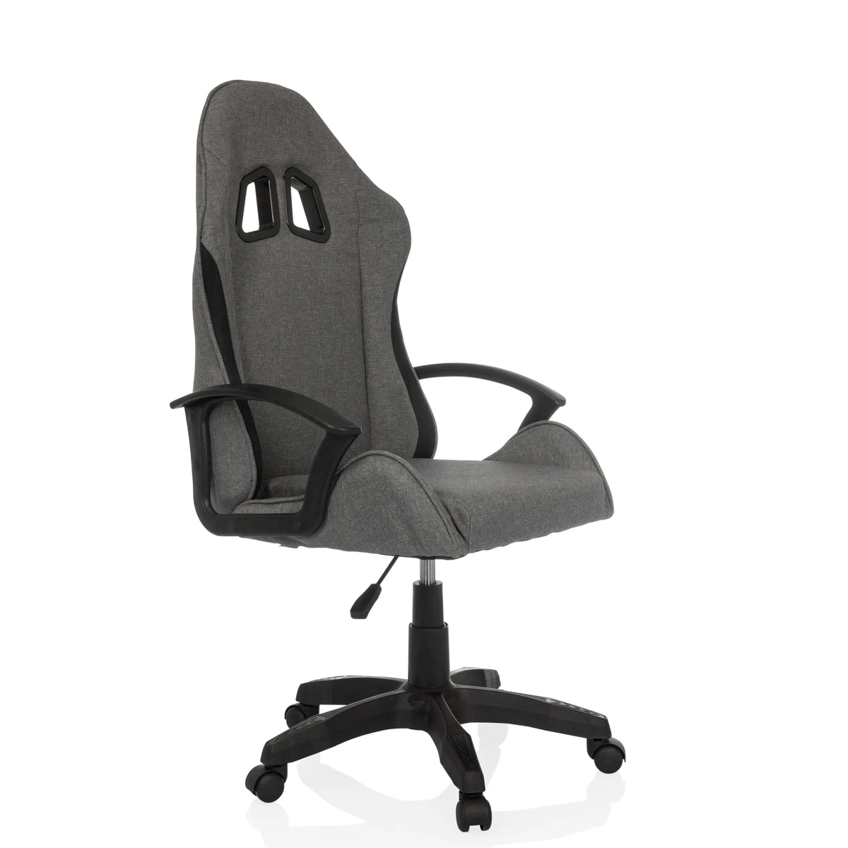 Grijze Gamestoel GAMEBREAKER W01 met twee uitsparingen voor de hoofdsteun en vijfpoot met zwenkwielen van MyBuero – 360-gradenweergave (schuin vooraanzicht 45°)