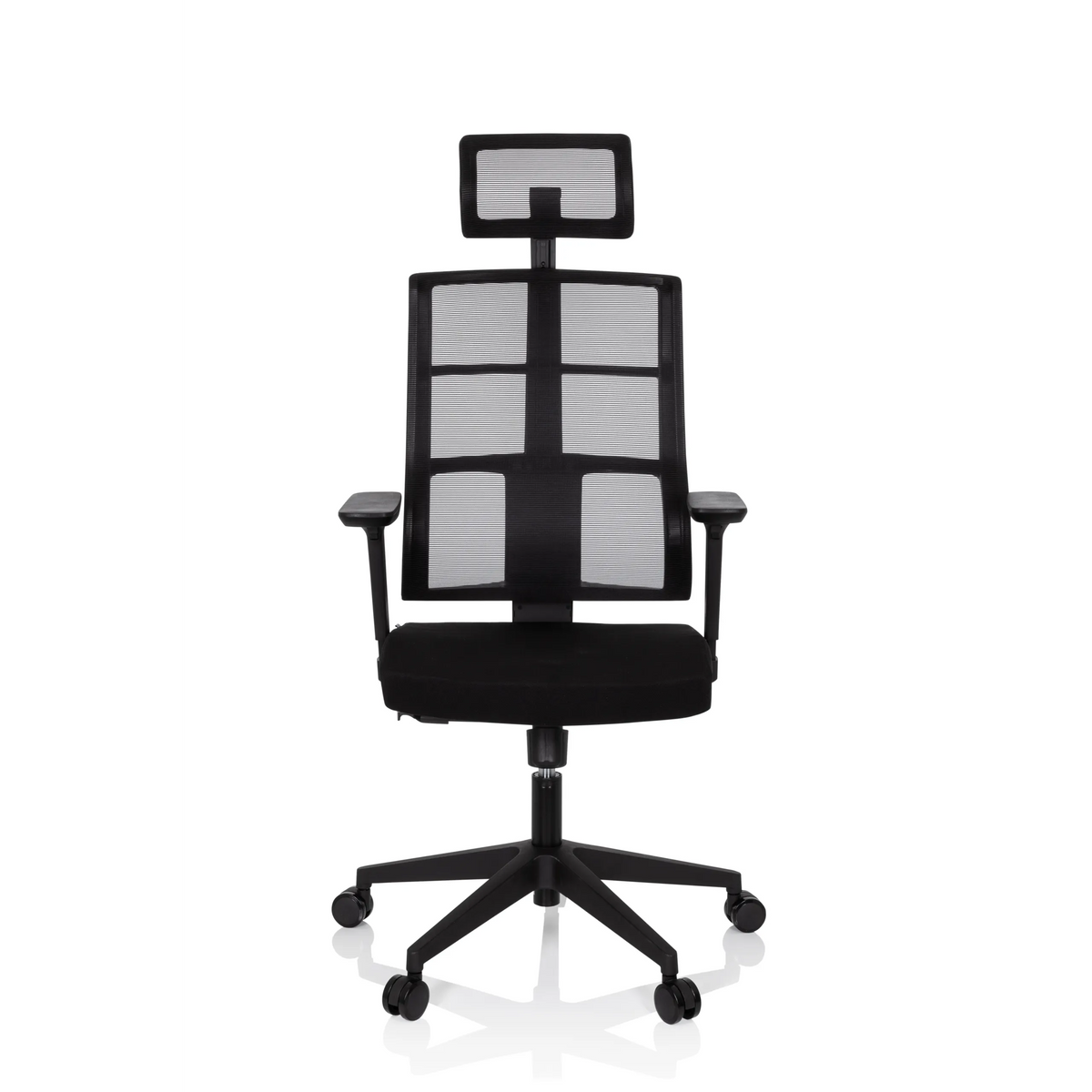 Zwarte Professionele bureaustoel SPINIO PRO met netrug, hoofdsteun en vijfpoot met zwenkwielen van hjh OFFICE – 360-gradenweergave (vooraanzicht 0°)