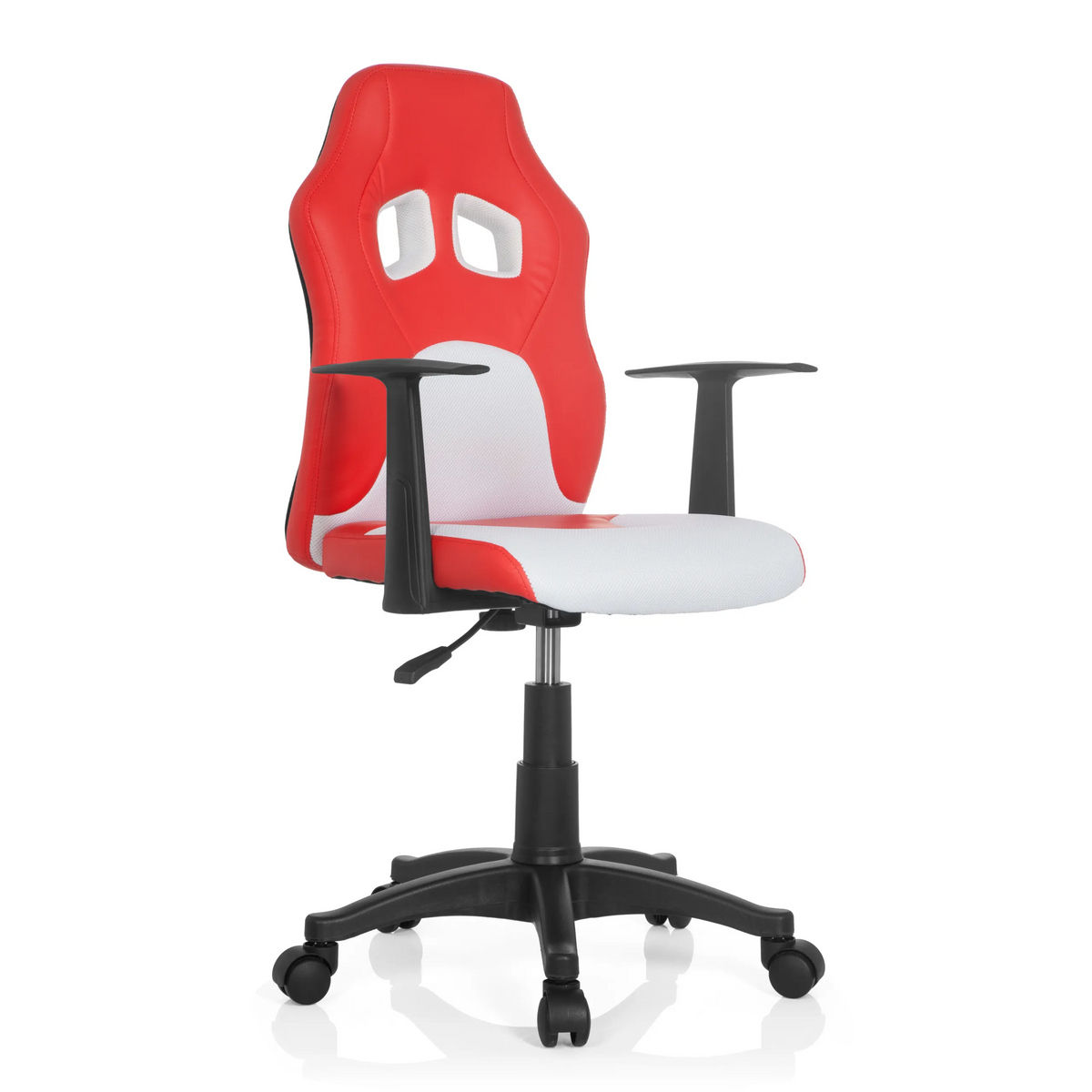 Rood-witte TEEN GAME AL kinder bureaustoel met armleuningen en zwart vijfsterrenvoet met zwenkwielen van hjh OFFICE – 360-gradenweergave (schuin vooraanzicht 40°)