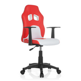 Rood-witte TEEN GAME AL kinder bureaustoel met armleuningen en zwart vijfsterrenvoet met zwenkwielen van hjh OFFICE – 360-gradenweergave (schuin vooraanzicht 40°)