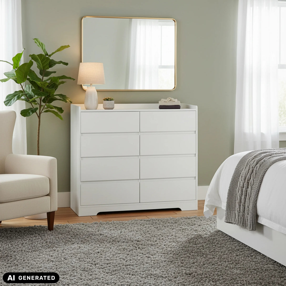 Witte commode OSOYRO met zes lades in een lichte kamer van hjh LIVING (AI-gegenereerde afbeelding)