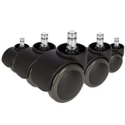 Vijf zwarte 5x ROLO 10mm/50mm Bureaustoelwielen voor harde vloeren met zilverkleurige pennen van hjh OFFICE