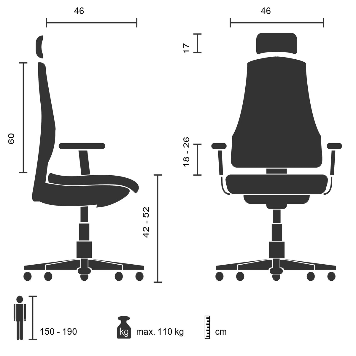 Technische tekening van de Professionele bureaustoel CAYEN met een breedte van 46 cm van hjh OFFICE