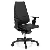 Zwarte High end bureaustoel GENIDIA BLACK van leder met armleuningen en vijfstervoet met wielen van hjh OFFICE – 360-gradenweergave (schuin vooraanzicht 40°)