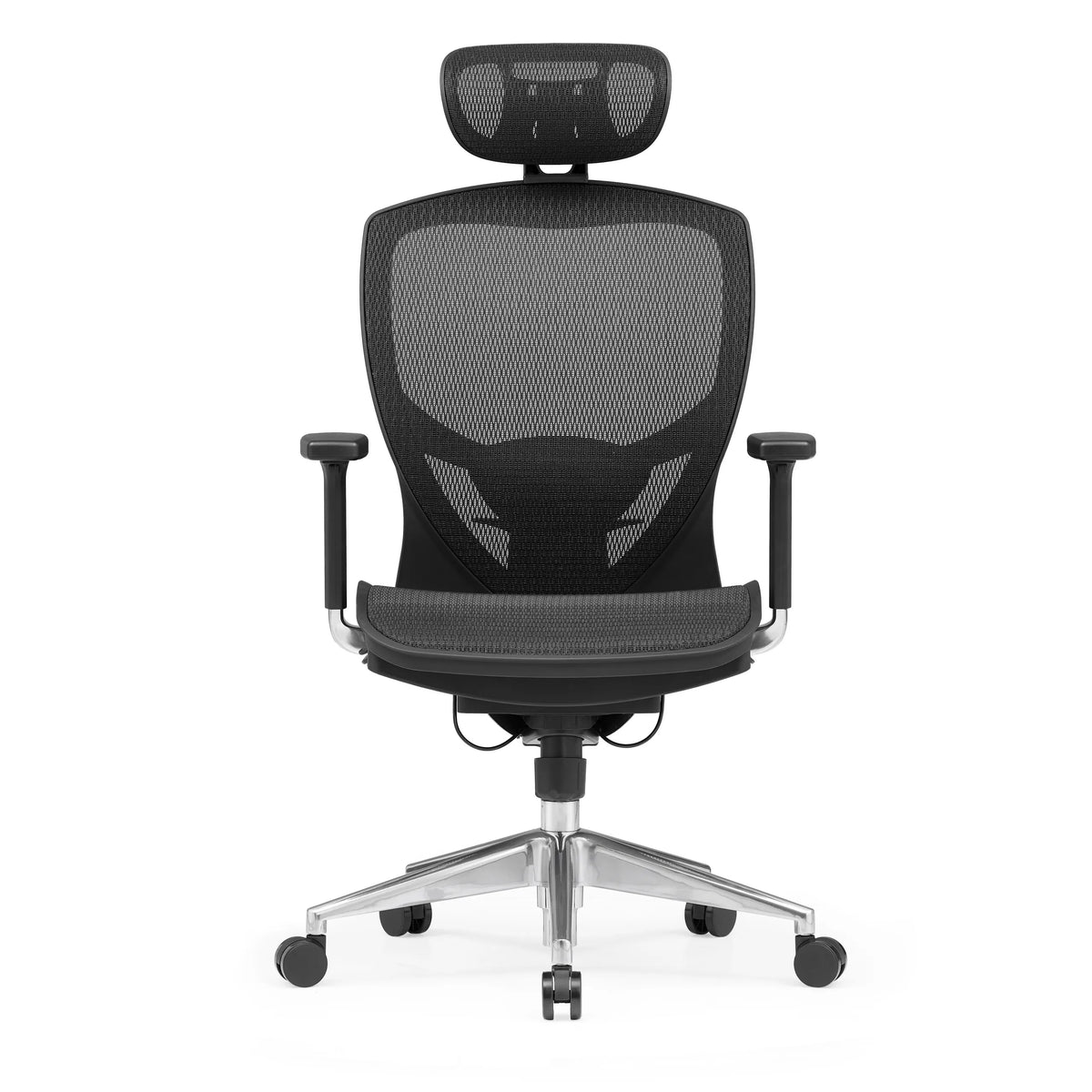 Zwarte High end bureaustoel VENUS ONE met netrug en vijfpoot met zwenkwielen van hjh OFFICE – 360-gradenweergave (vooraanzicht 0°)