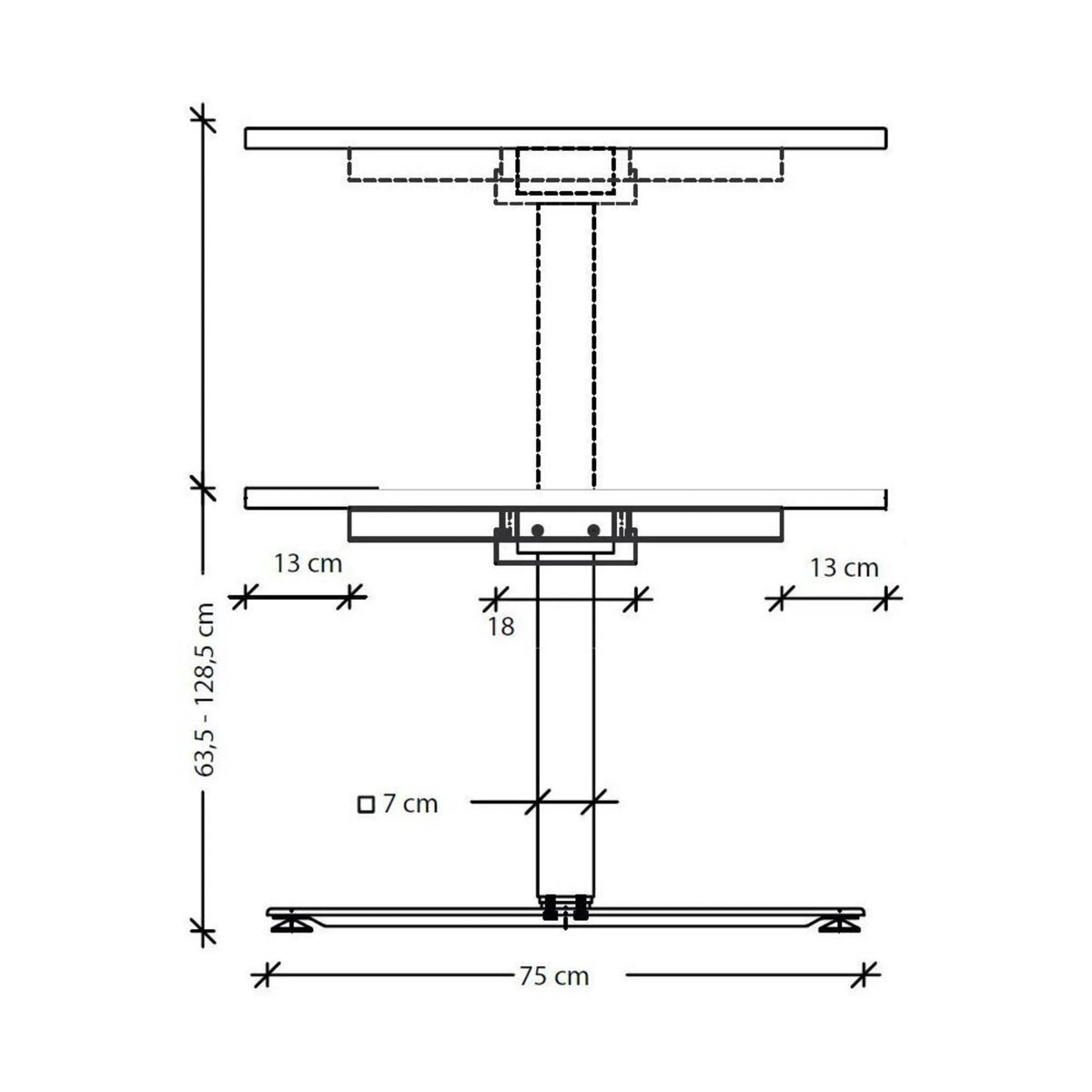 Maßzeichnung des höhenverstellbaren Schreibtischs XDSM 12 G mit einer Höhe von 63,5 bis 128,5 cm von hjh OFFICE PRO