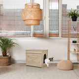 Kattenhuis KITTY PAWBOX 1 in eikenlook met cirkelvormige opening en versiering aan de voorzijde van hjh LIVING