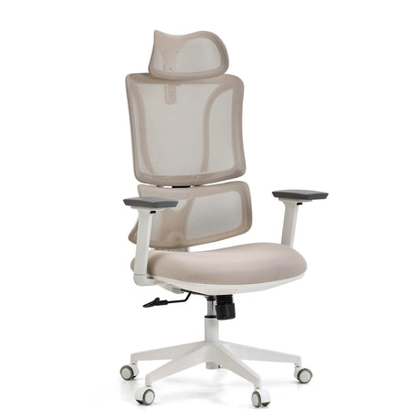 Professionele bureaustoel ERGOMY W in beige met beige netbespanning en wit frame van MyBuero