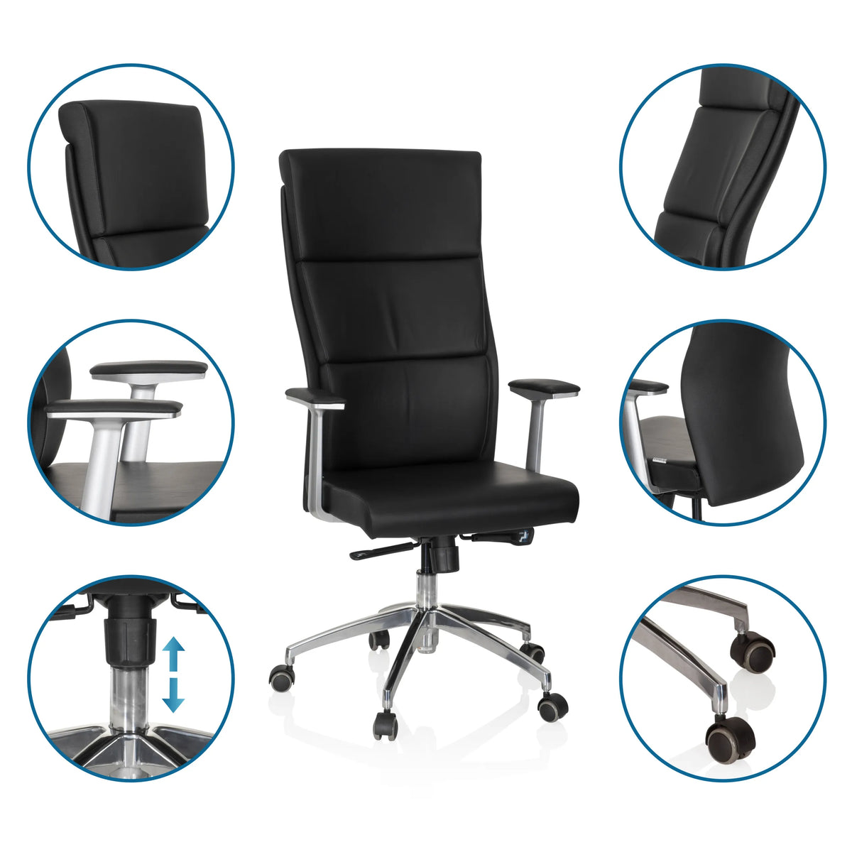 Luxus-Chefsessel MONZA 20 in Schwarz mit Detailansichten der Armlehnen, Gasfeder und Rollen von hjh OFFICE