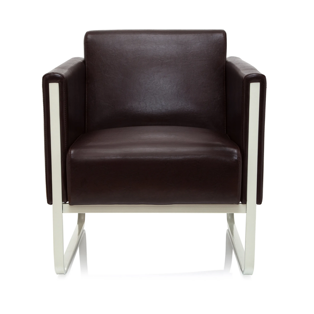 Bruine gestoffeerde fauteuil ARUBA met wit metalen frame van hjh OFFICE – 360-gradenweergave (vooraanzicht 0°)