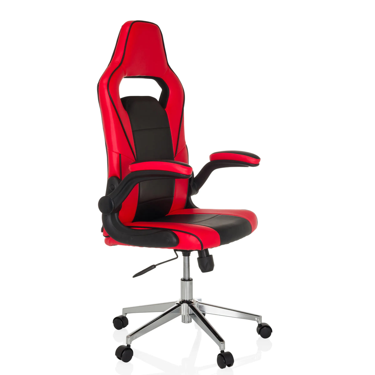 Rood-zwarte Gamestoel GAME SPORT PRO met armleuningen en vijfster-onderstel met wieltjes van MyBuero – 360-gradenweergave (schuin vooraanzicht 45°)