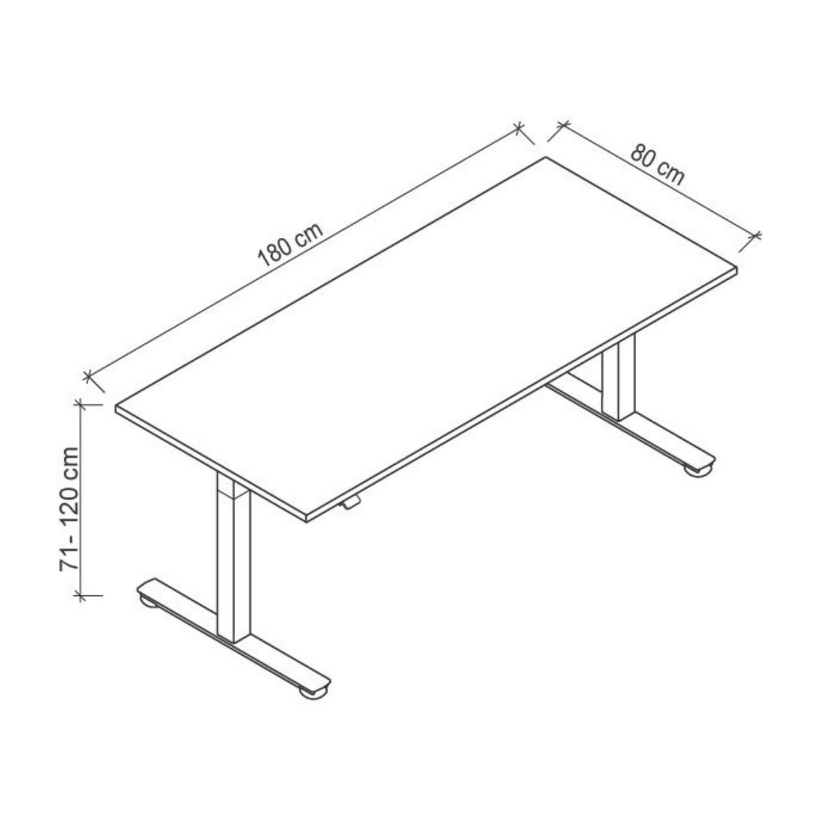 Technische tekening van het bureau XMST 19 G van 180 × 80 cm van hjh OFFICE PRO