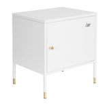 Witte kantoorkast UMEO met één deurvak en goudkleurige poten van hjh OFFICE – 360-gradenweergave (schuin vooraanzicht 40°)