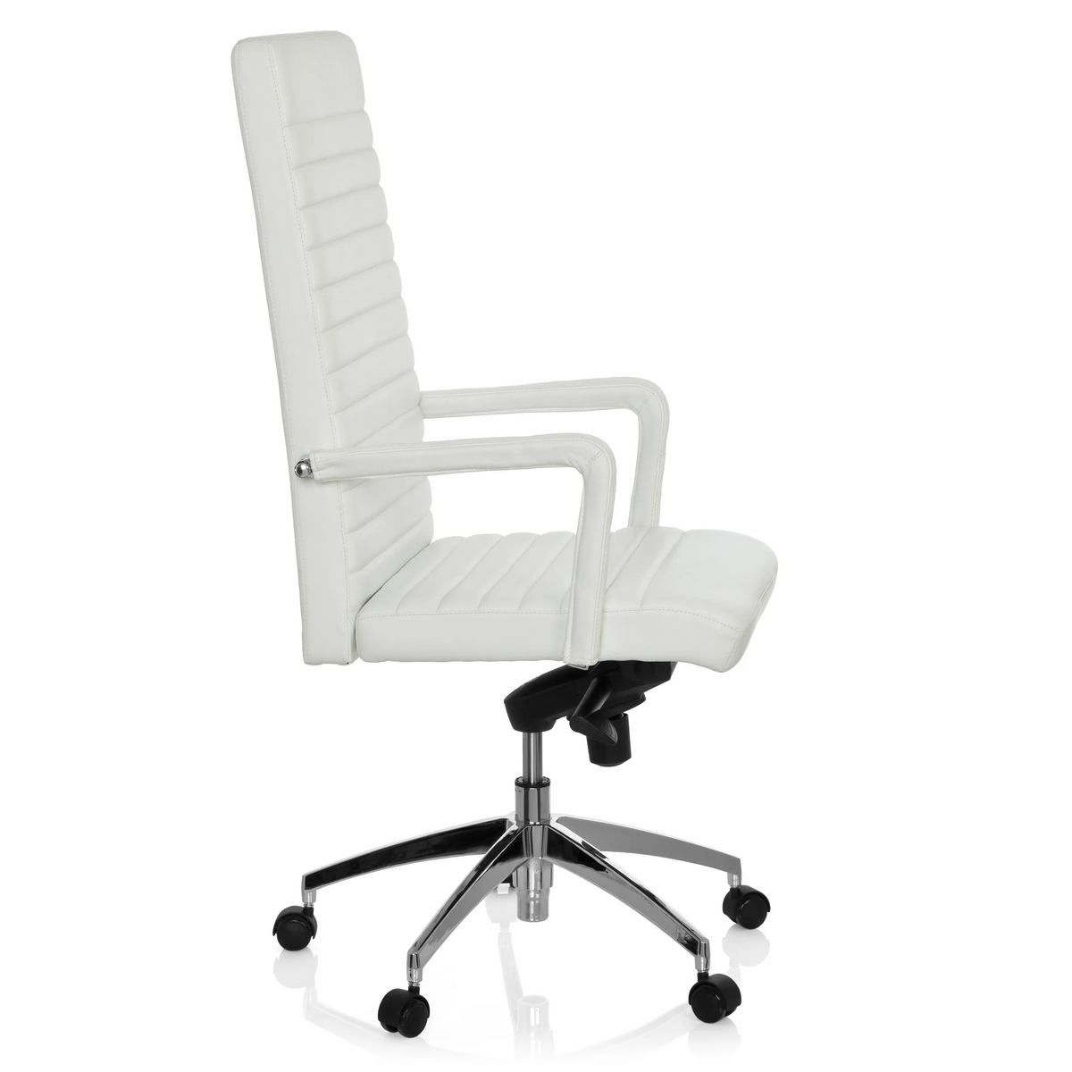 Witte Professionele directiestoel LENGA met horizontale stiknaden en vijfsterrenvoet met rolletjes van hjh OFFICE – 360-gradenweergave (zijaanzicht 80°)
