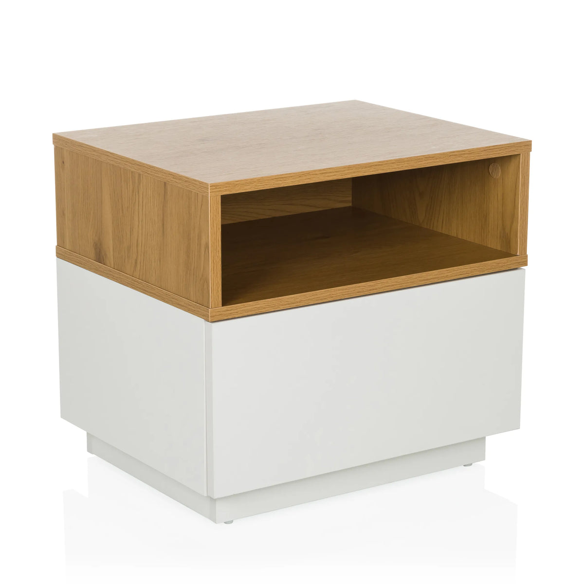 Witte bijzettafel MELMO met een plank in eikenlook van hjh LIVING – 360-gradenweergave (schuin vooraanzicht 30°)