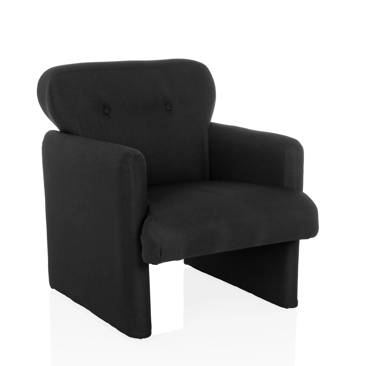 Zwarte lounge stoel CARIPITO met stoffen bekleding en twee knopen op de rugleuning van hjh LIVING – 360-gradenweergave (schuin vooraanzicht 30°)