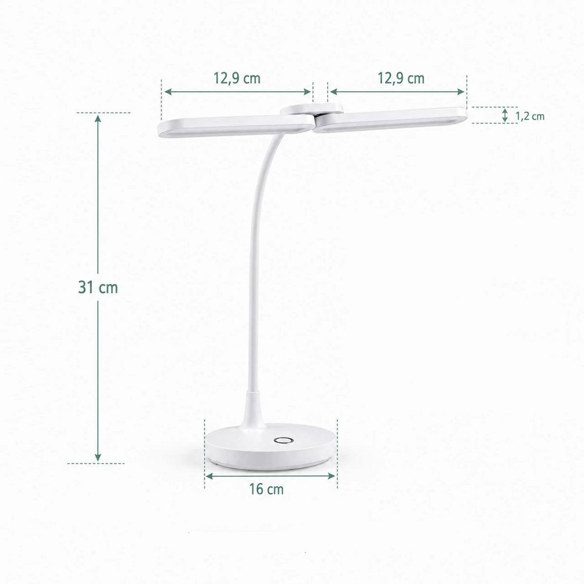 Maattekening van de Lumanova D6 bureaulamp met een hoogte van 31 cm en een voet van 16 cm van hjh OFFICE