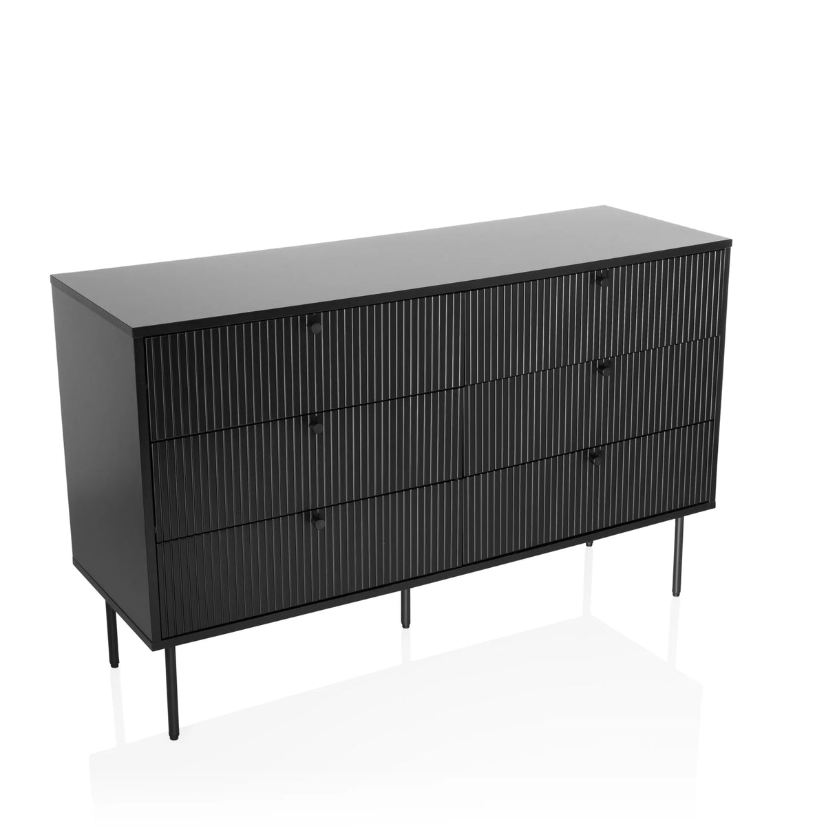 Zwart dressoir KARBY S met verticaal gegroefde fronten en zes knopgrepen van hjh LIVING – 360-gradenweergave (vooraanzicht 15°)