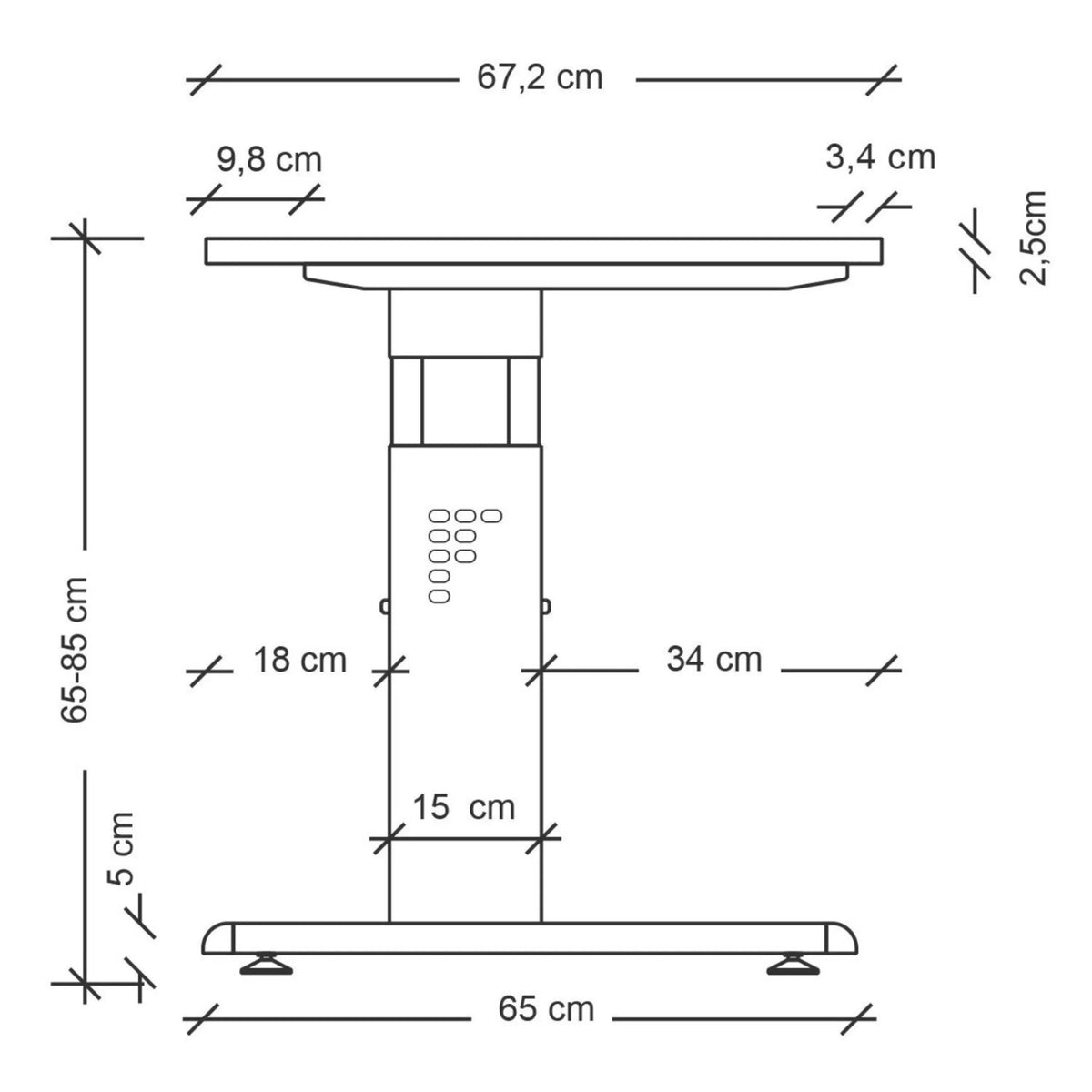 Maattekening van het in hoogte verstelbare bureau MEGA 614 W uit de MEGA-serie van hjh OFFICE PRO
