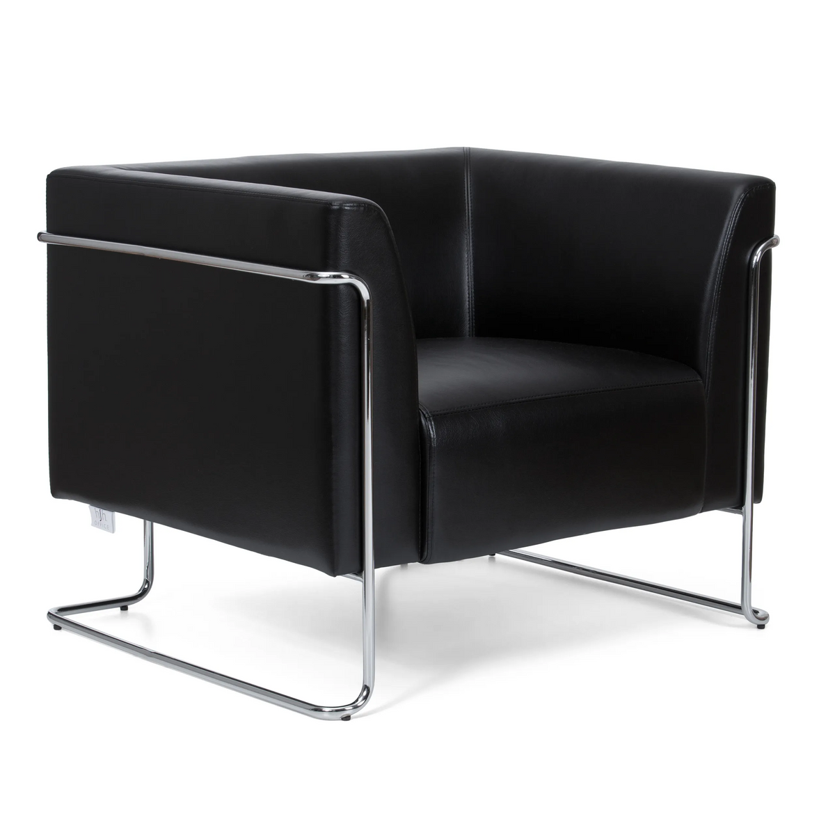 Zwarte gestoffeerde fauteuil CURACAO met verchroomd buizenframe van hjh OFFICE – 360-gradenweergave (schuin vooraanzicht 40°)