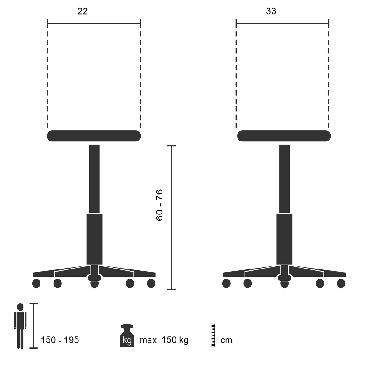 Technische Zeichnung der Stehhilfe TOP WORK 34 mit einer Höhe von 60 bis 76 cm von hjh OFFICE