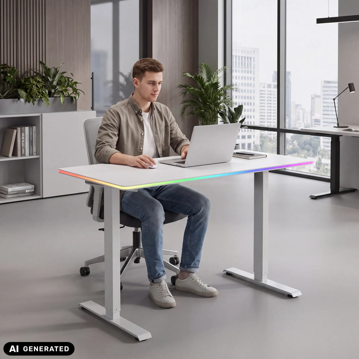 Elektrisch in hoogte verstelbaar bureau Worktime LED in wit met geïntegreerde RGB-verlichting aan de rand van hjh OFFICE