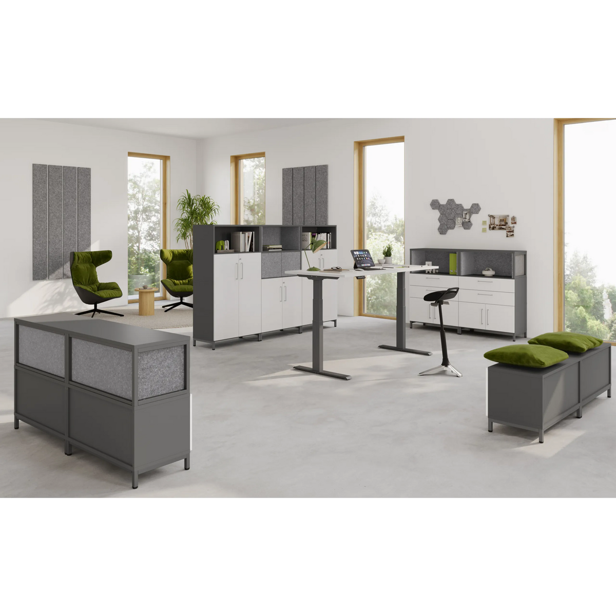 Moderne kantoorinrichtingsset FlexWall met hoogteverstelbaar bureau en kasten in grafiet van hjh OFFICE PRO
