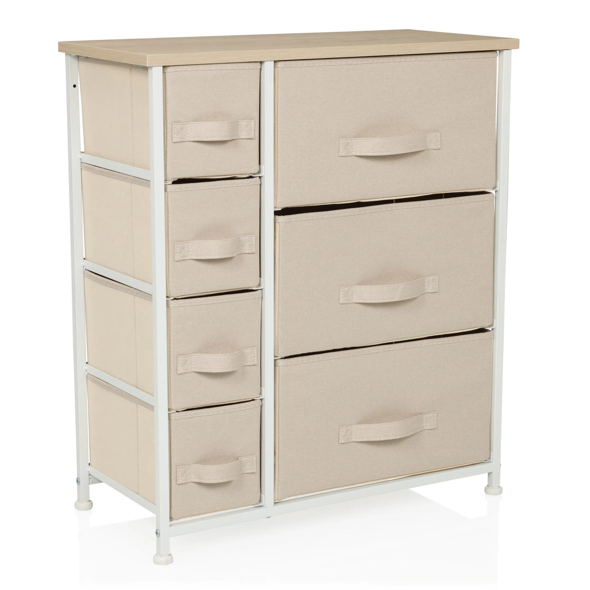 Beige Commode FOLDRESS B met zeven stoffen laden en wit frame van hjh LIVING – 360-gradenweergave (schuin vooraanzicht 30°)