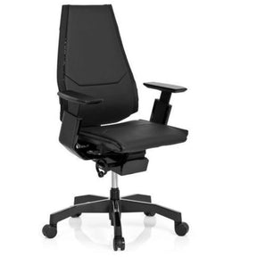 High end bureaustoel GENIDIA BLACK van zwart leder met armleuningen en wielen van hjh OFFICE