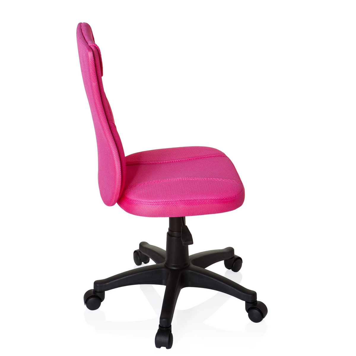 Roze Kinder bureaustoel KIDDY BASE met netrug en zwart vijfpootkruis met wieltjes van hjh OFFICE – 360-gradenweergave (zijaanzicht 100°)
