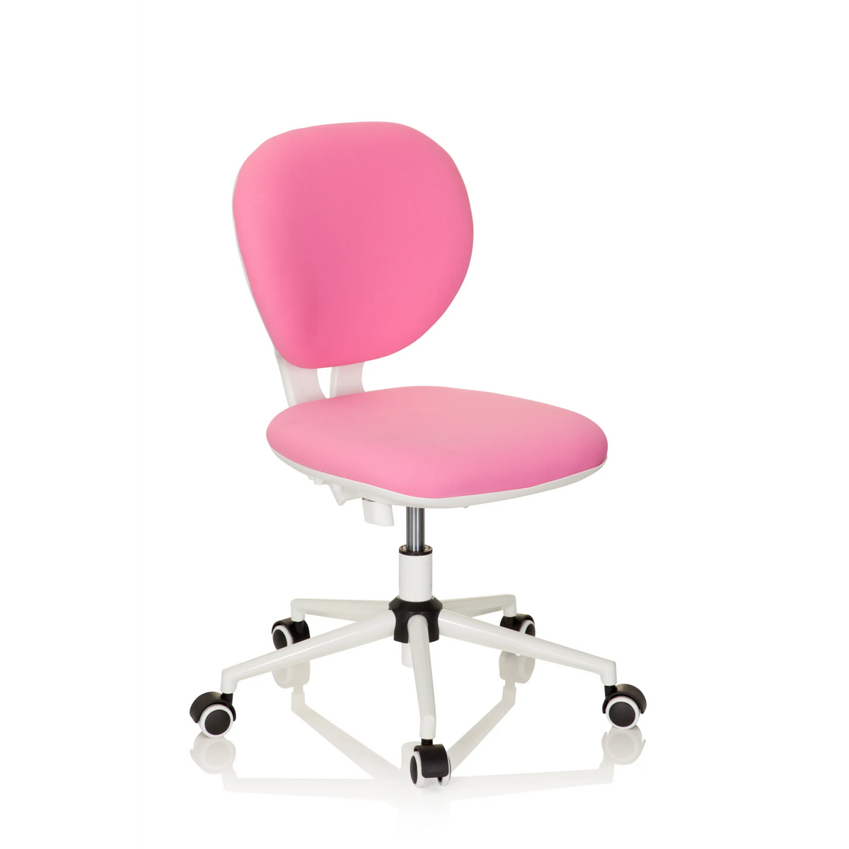 Roze Kinder bureaustoel KID VIVO met wit kruisvoet en vijf zwenkwielen van hjh OFFICE – 360-gradenweergave (schuin vooraanzicht 40°)