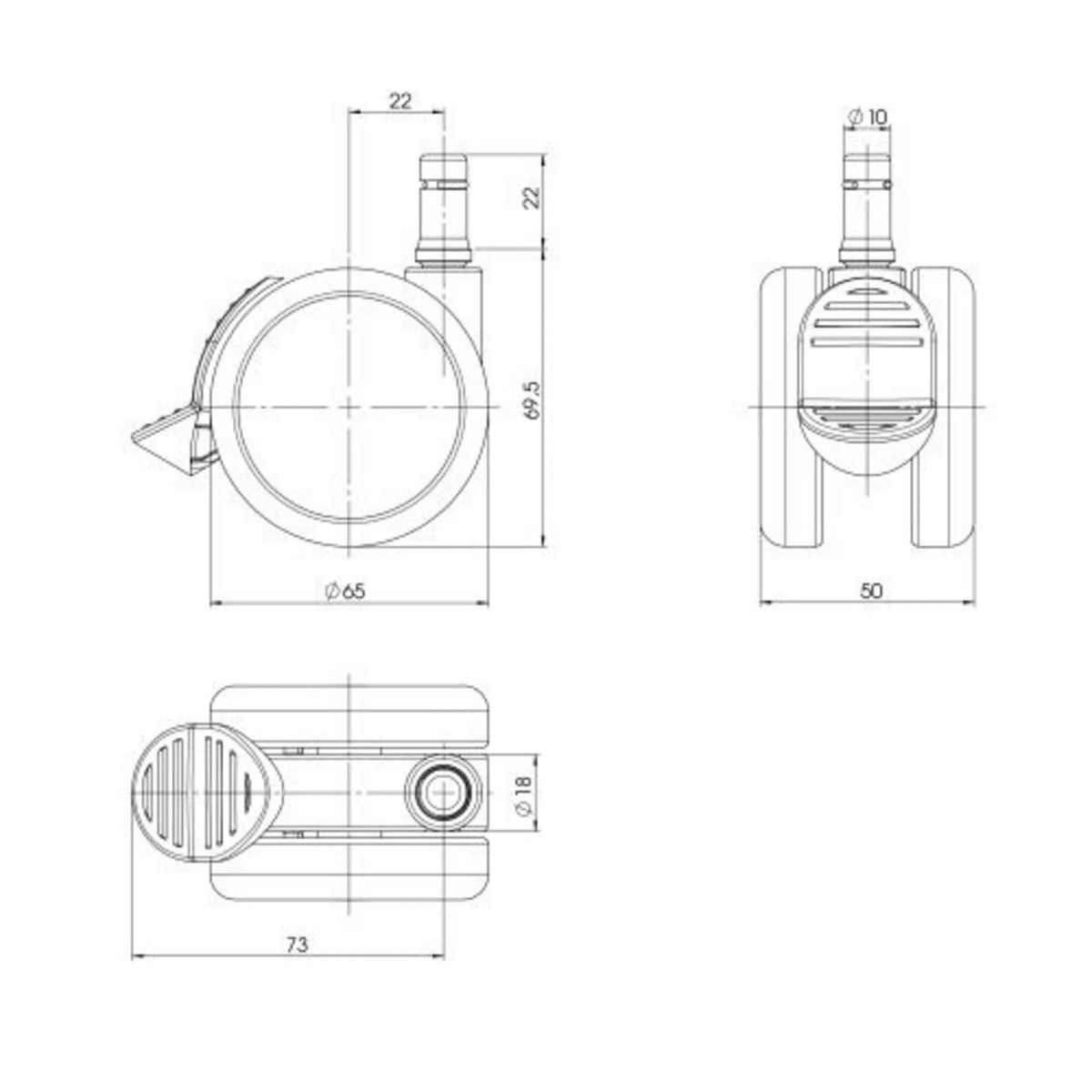 Technische tekening van de Bureaustoelwielen 5x ROLO STOP 10mm/65mm met een diameter van 65 mm van hjh OFFICE