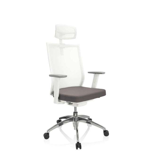Professionele bureaustoel ASPEN WHITE PRO in grijs en wit met netrugleuning en hoofdsteun van hjh OFFICE