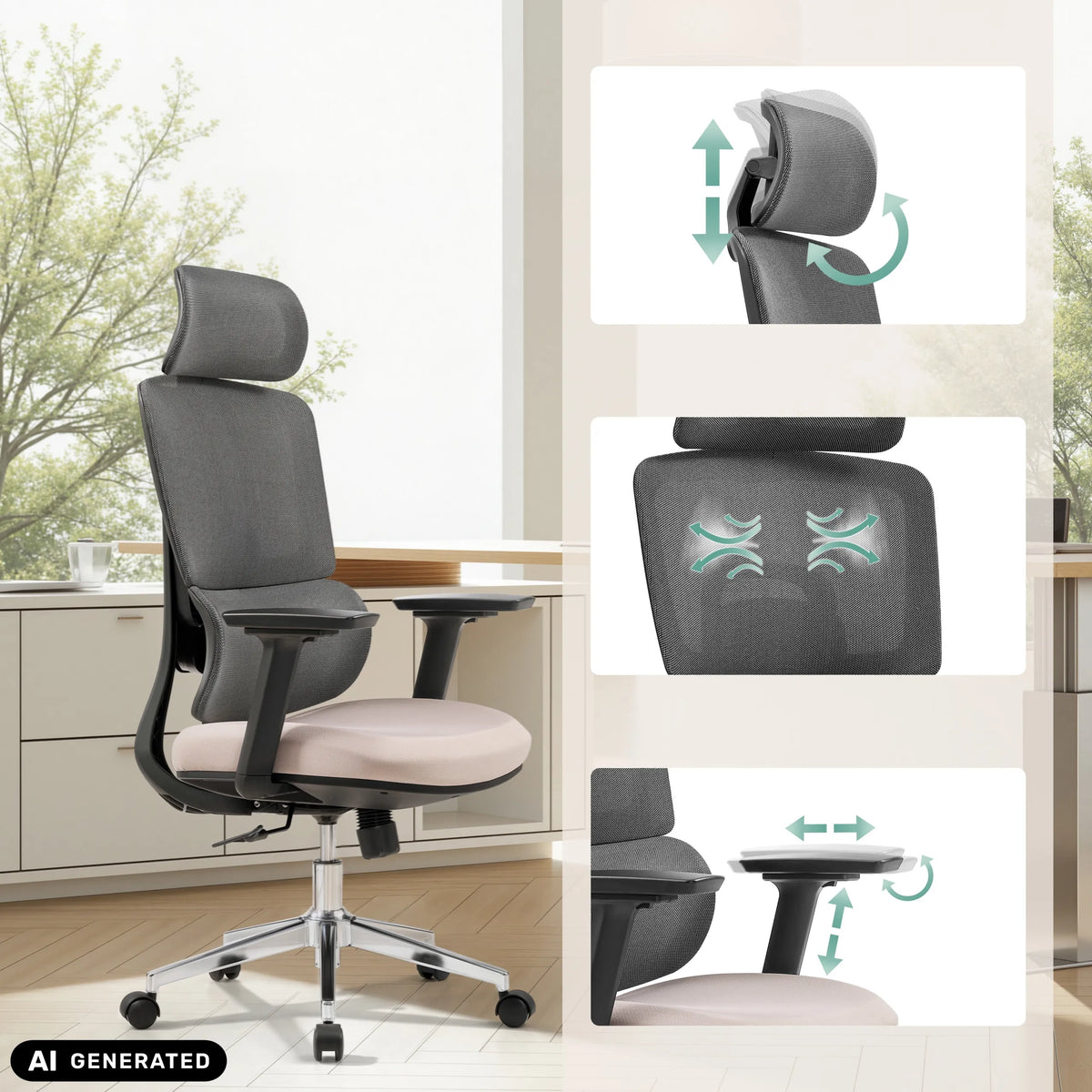 Verstellbare Kopfstütze und Armlehne des Profi-Bürostuhls Ergomy Pro von hjh OFFICE (KI-generiertes Bild)