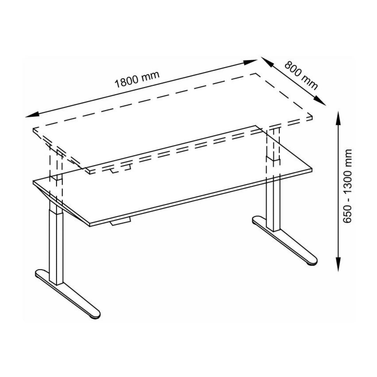 Technische Zeichnung des Schreibtischs XBHM 19 GC mit 1800 × 800 mm von hjh OFFICE PRO