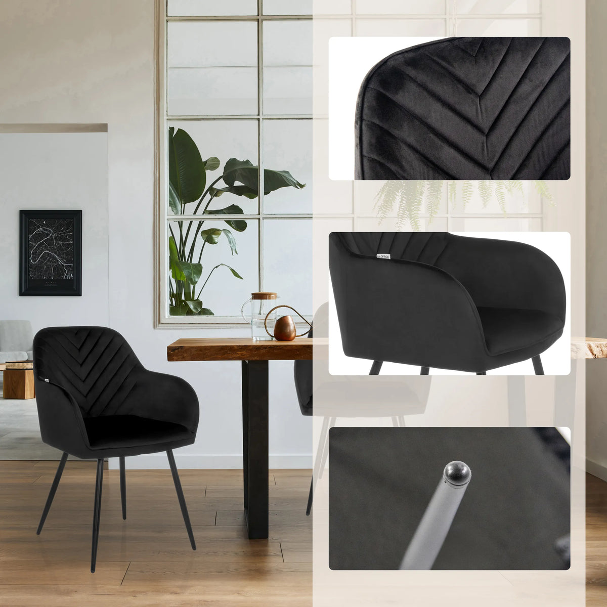Zwarte Eetkamerstoel CHARVELLE met stikseldetails en slanke poten van hjh LIVING