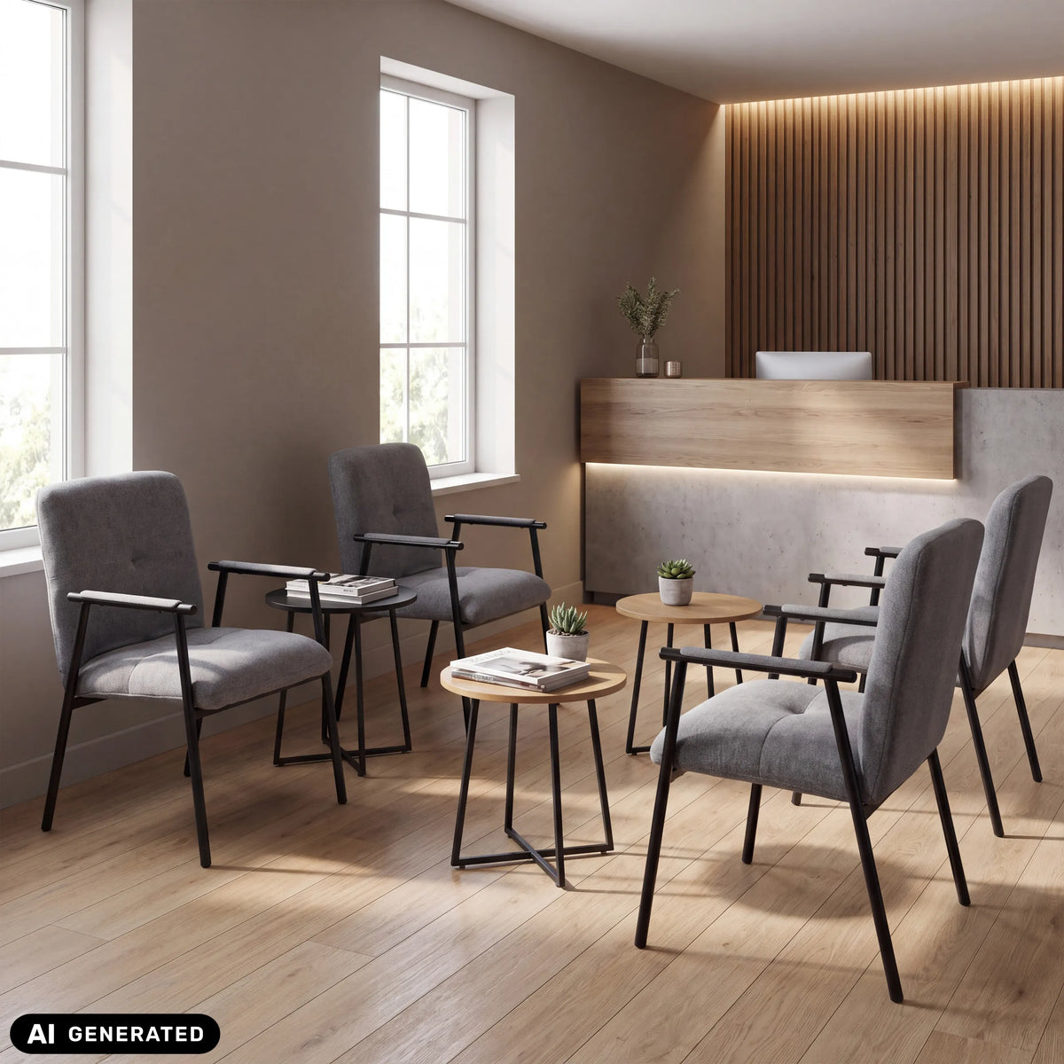 Grijze gestoffeerde stoelen Lifea Flex met armleuningen in een wachtruimte van hjh LIVING (AI-gegenereerde afbeelding)