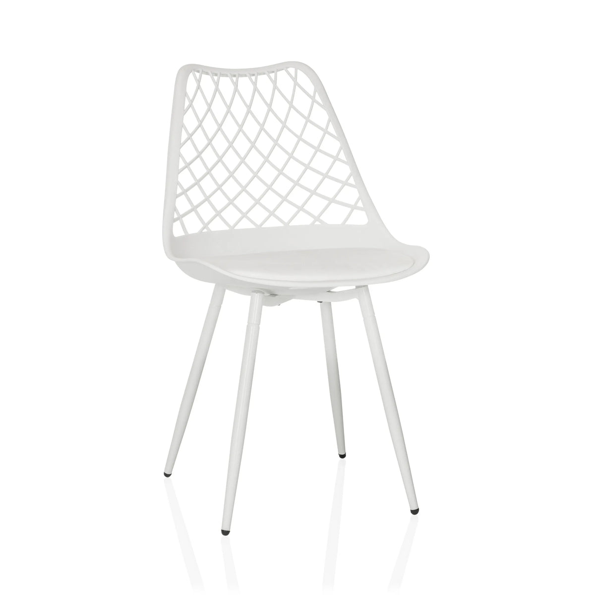 Witte Outdoor stoel BEGIO S met een rastervormige rugleuning en vier poten van hjh LIVING – 360-gradenweergave (vooraanzicht 15°)