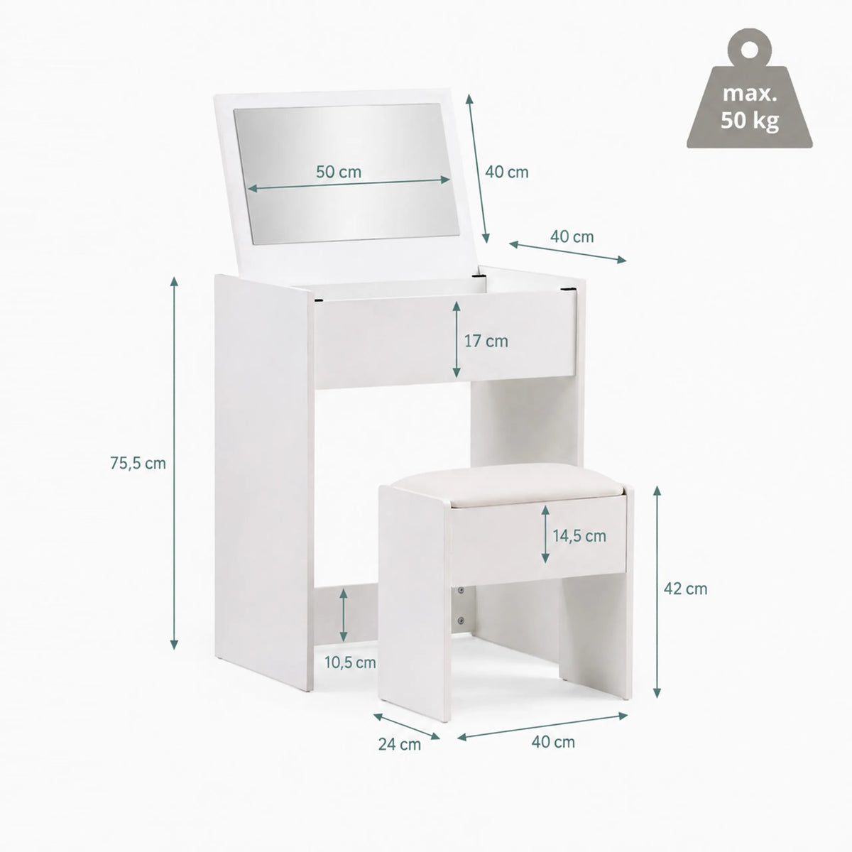 Technische tekening van de Glamdesk make-up spiegel met een hoogte van 75,5 cm en diepte van 40 cm van hjh LIVING