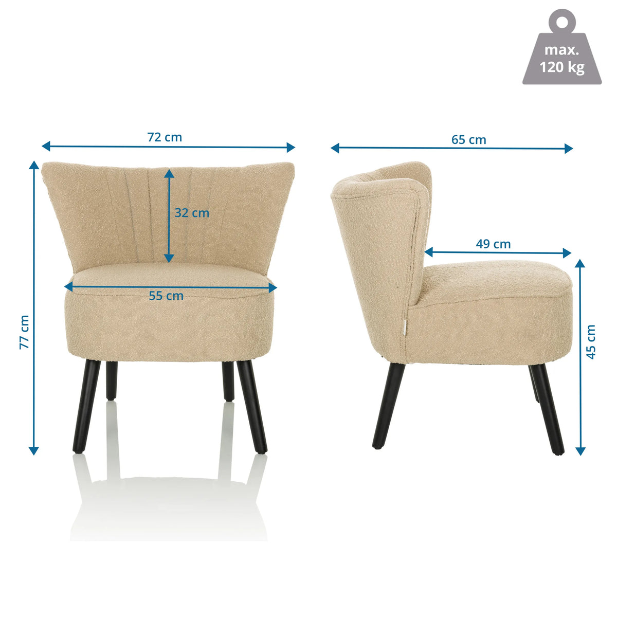 Maattekening van de Lounge stoel MANISO met een breedte van 72 cm en hoogte van 77 cm van hjh LIVING