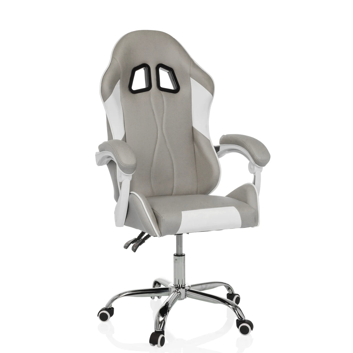 Grijs-witte Gamestoel GAMEBREAKER W03 met twee openingen voor hoofdsteunen en een vijfpoot met zwenkwielen van MyBuero – 360-gradenweergave (vooraanzicht 15°)