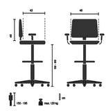 Technische tekening van de Baliestoel TOP WORK 108 W met een zithoogte van 69 tot 89 cm van hjh OFFICE