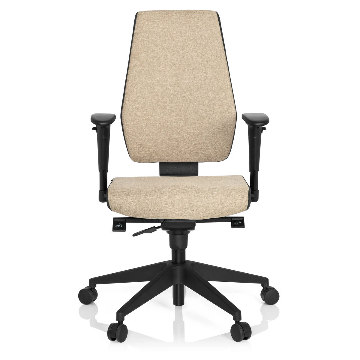 Beige Professionele bureaustoel PRO-TEC 500 met armleuningen en een zwart vijfster-onderstel van hjh OFFICE – 360-gradenweergave (vooraanzicht 0°)