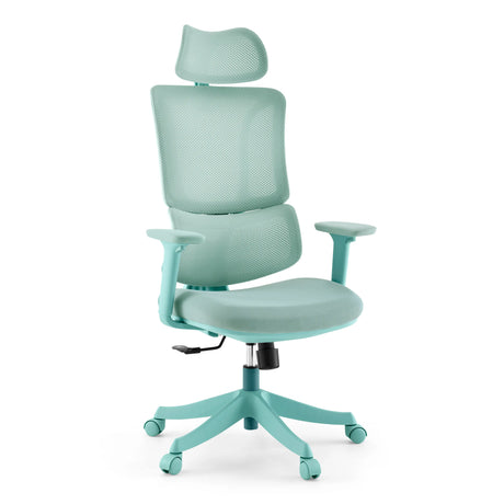 Thuisgebruik bureaustoel Ergomy Colore in turquoise met netbespanning, hoofdsteun en rolvoet van MyBuero