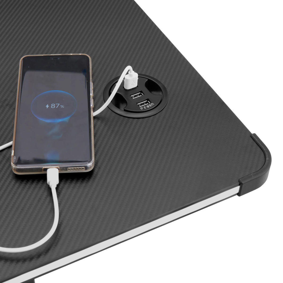 Geïntegreerd USB-laadstation met smartphone op het bureaublad van het Worktime Game bureau van hjh OFFICE
